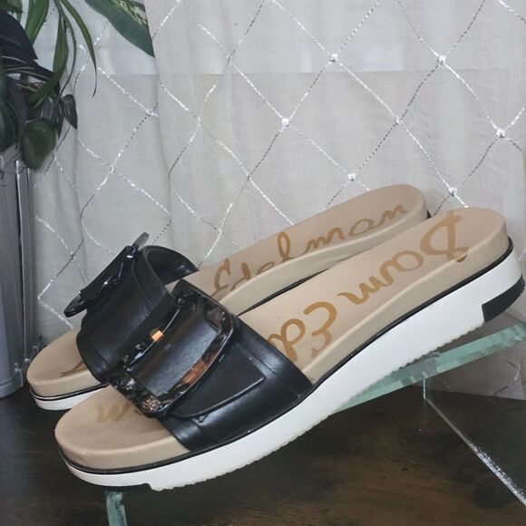 🔥 Sam Edelman Ariane Womens Sz 9 1/2 Black Leather Buckle Slide Sandals Shoes - Picture 4 of 11